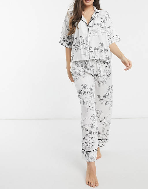 twintig als resultaat ras ASOS DESIGN modal desert print short sleeve shirt & trouser pyjama set in  ecru | ASOS