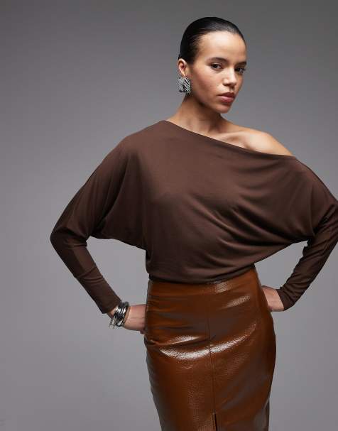 ASOS DESIGN modal drape off shoulder bodysuit in chocolate - view 1