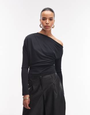 Asos Design Modal Drape Off Shoulder Top With Cinch Waist In Black