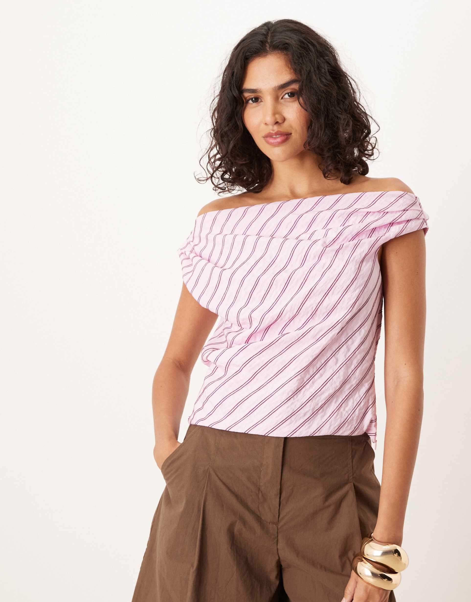 asos design modal drape off the shoulder top in pink stripes - part of a set