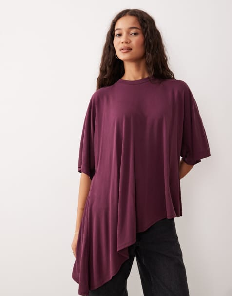 ASOS DESIGN modal drapey hem asymmetric top in burgundy - view 1