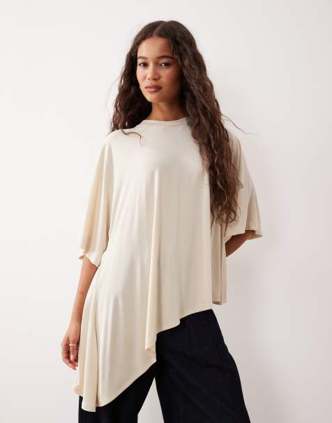ASOS DESIGN modal drapey hem asymmetric top in cream - view 1