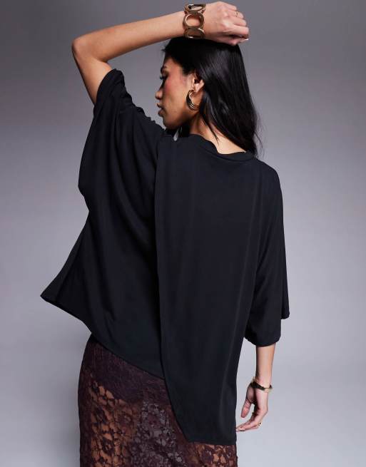 ASOS DESIGN modal drapey hem t-shirt in black, 3 of 4