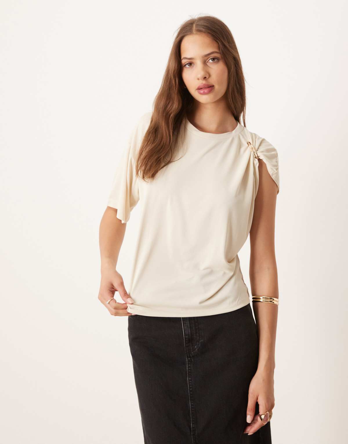 ASOS DESIGN modal drapey tee with hardware shoulder detail tee in cream