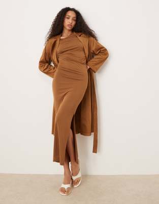 Shop Asos Design Modal Fallen Shoulder Blouson Midi Dress In Brown