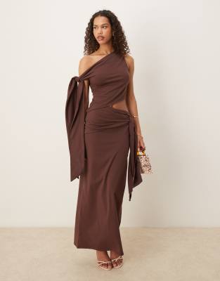 Asos Design Modal Fallen Shoulder Midi Dress With Tie Detail In Brown