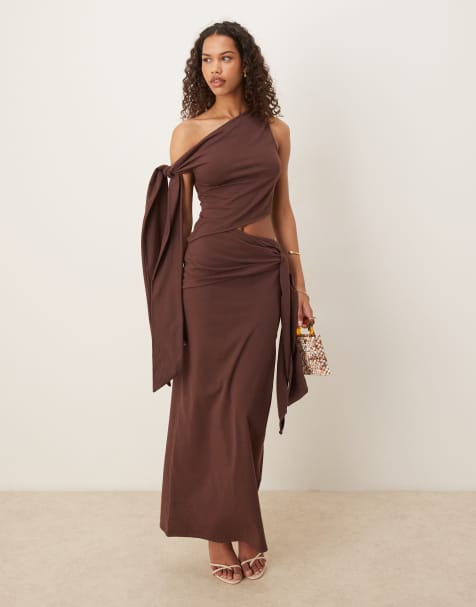 ASOS DESIGN modal fallen shoulder midi dress with tie detail in chocolate - view 1