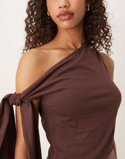 ASOS DESIGN modal fallen shoulder midi dress with tie detail in chocolate