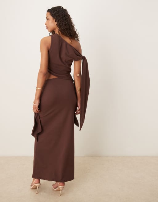 ASOS DESIGN modal fallen shoulder midi dress with tie detail in chocolate