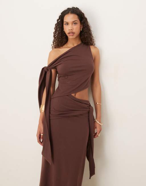 ASOS DESIGN modal fallen shoulder midi dress with tie detail in chocolate