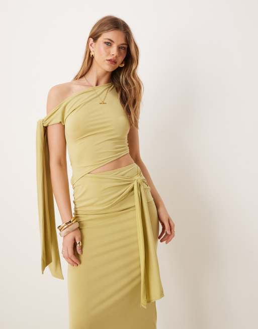 ASOS DESIGN modal fallen shoulder midi dress with tie detail in green