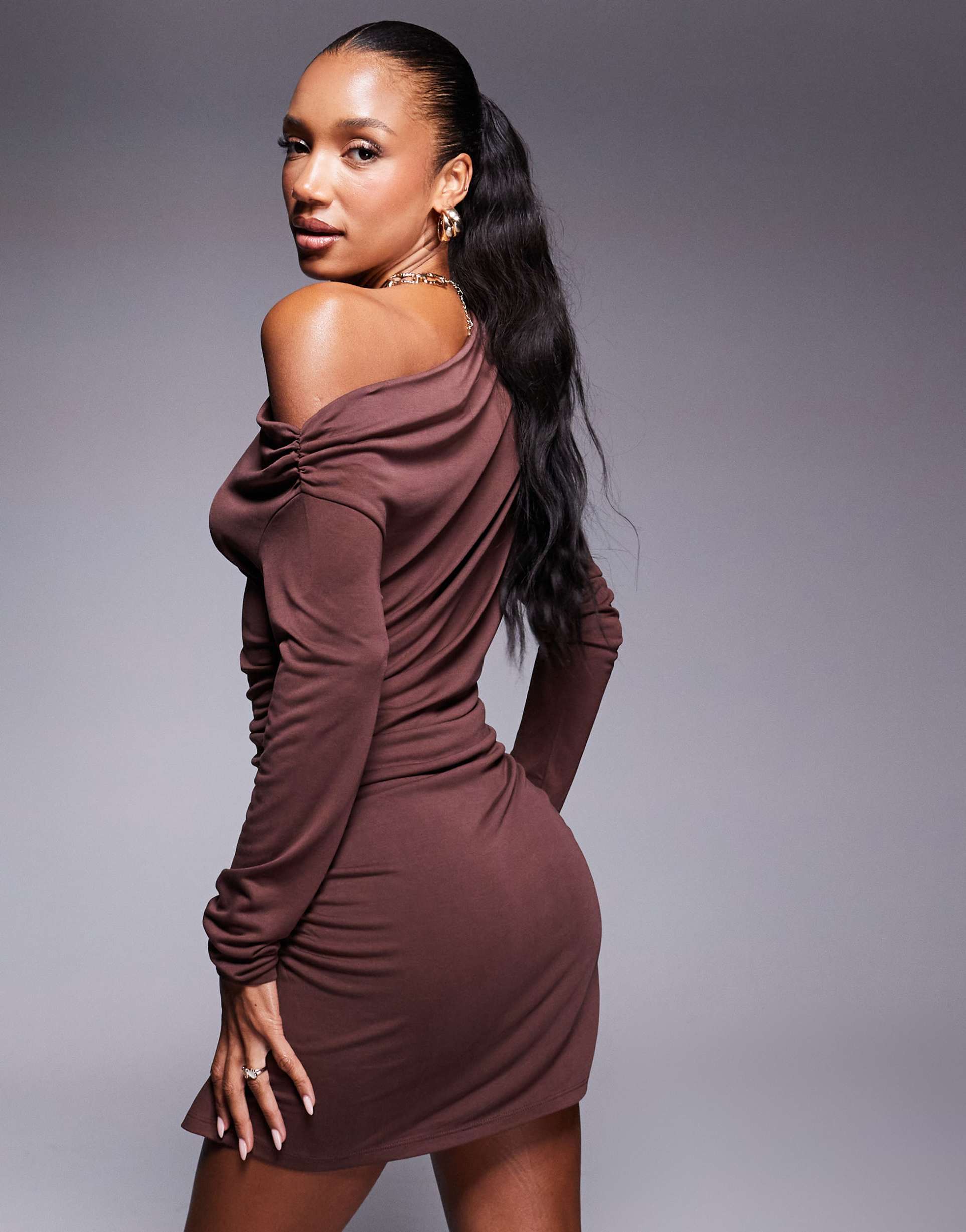 asos design modal fallen shoulder ruched mini dress in chocolate