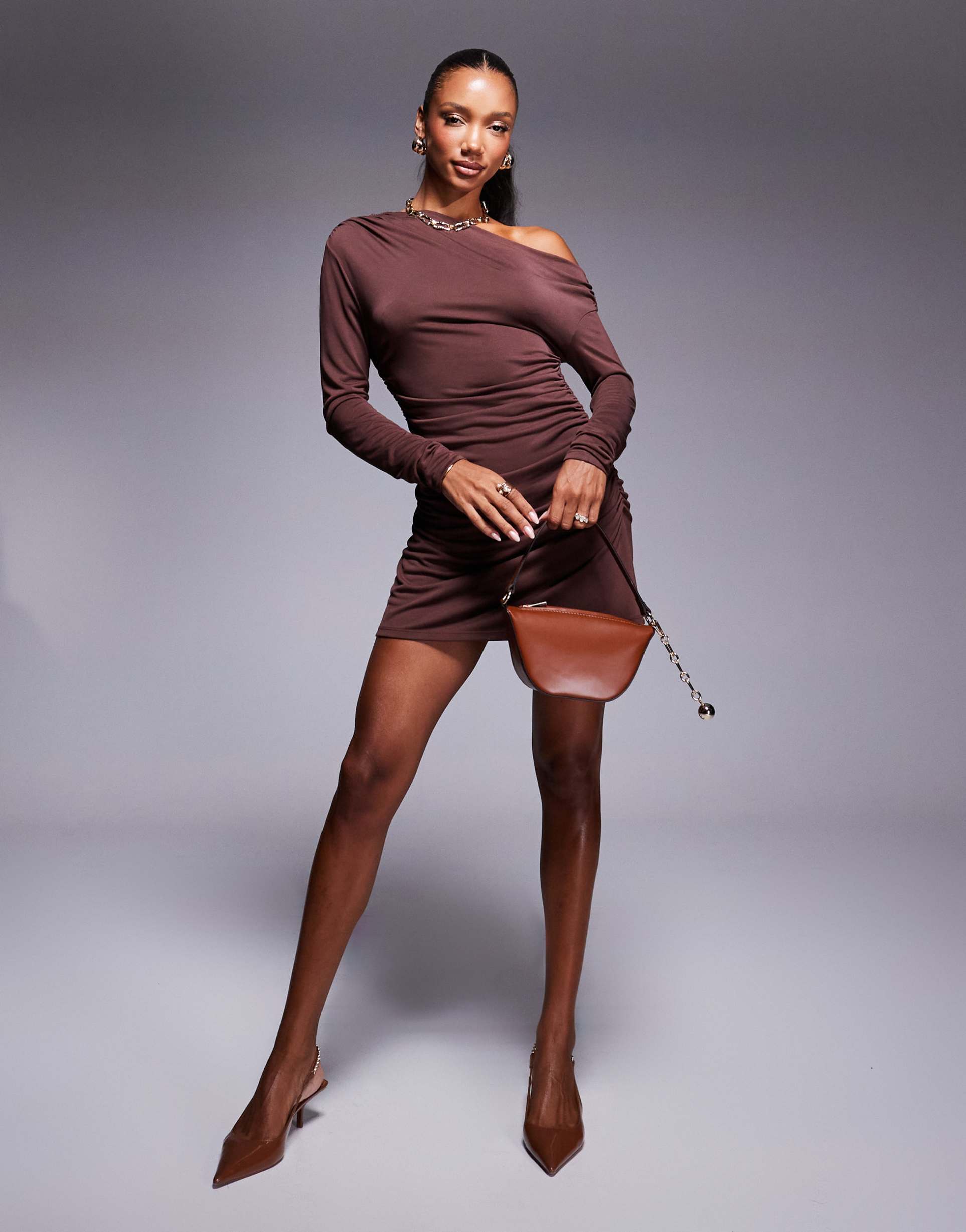 asos design modal fallen shoulder ruched mini dress in chocolate