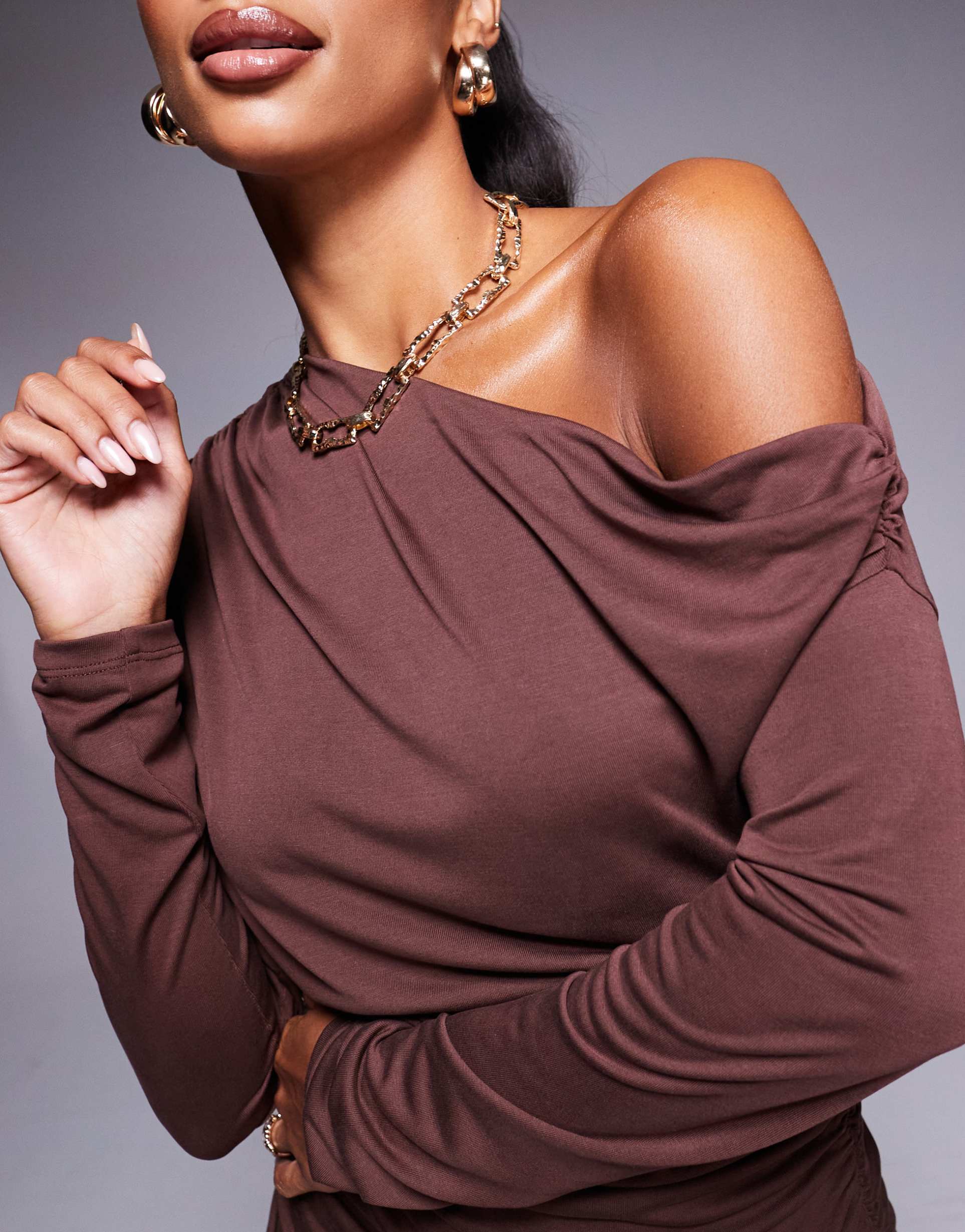 asos design modal fallen shoulder ruched mini dress in chocolate