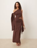 [ASOS DESIGN] ASOS DESIGN modal fallen shoulder with tie detail midi dress in chocolate-Multi XS Chocolate