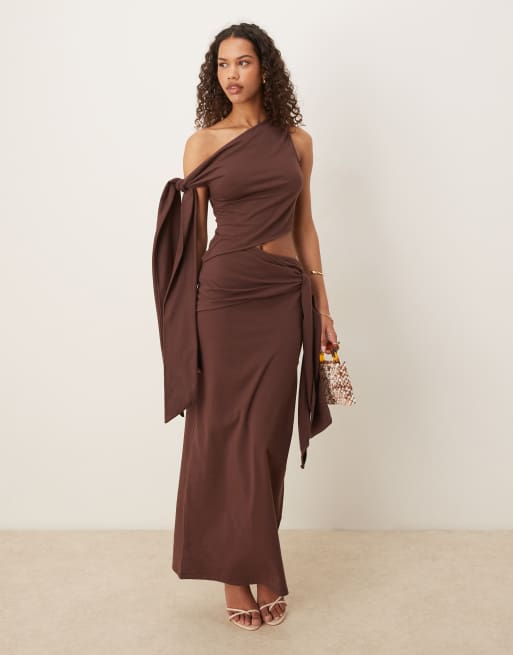 ASOS DESIGN modal fallen shoulder with tie detail midi dress in chocolate