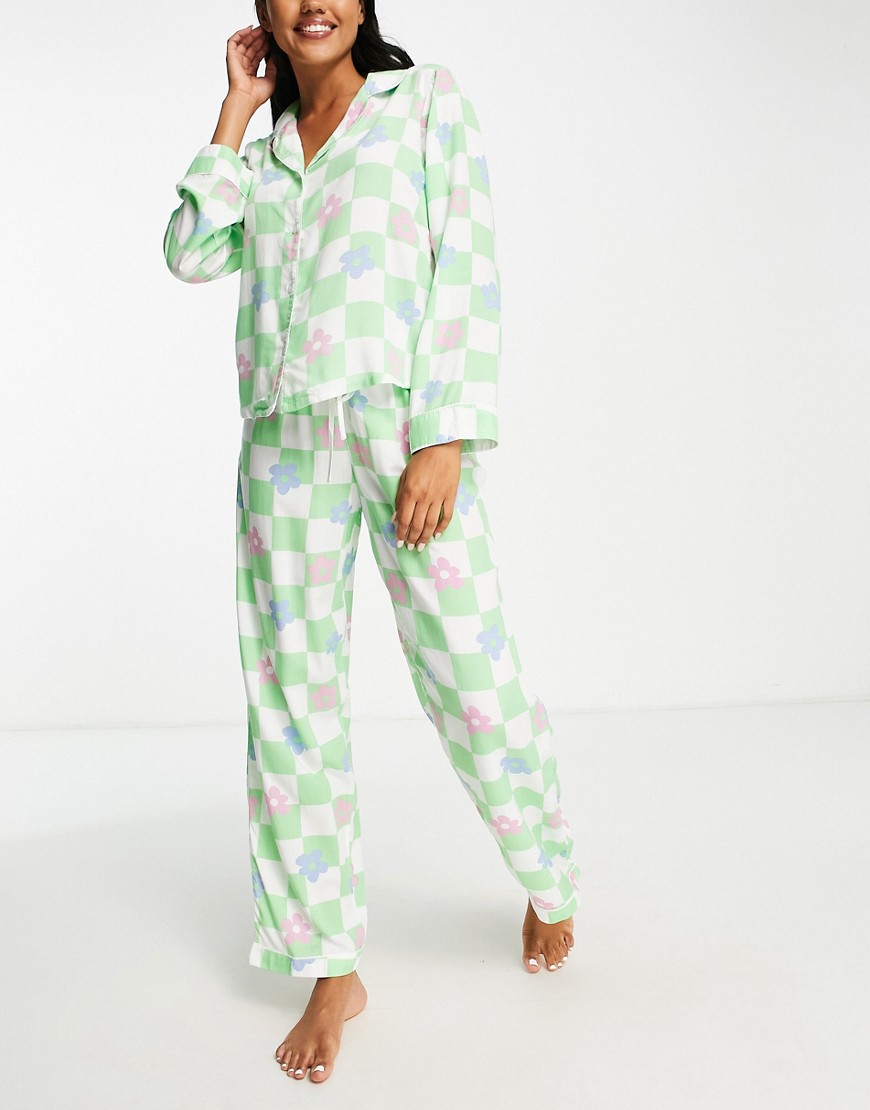 ASOS DESIGN modal floral checkerboard long sleeve shirt & pants pajama set in green & white-Multi
