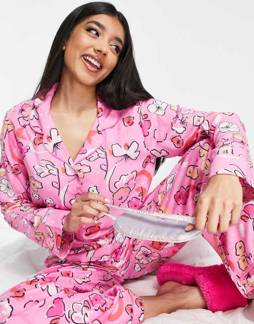 Contrast Piping Button-Up Top and Pants Pajama Set - PINKCOLADA - - $29.95