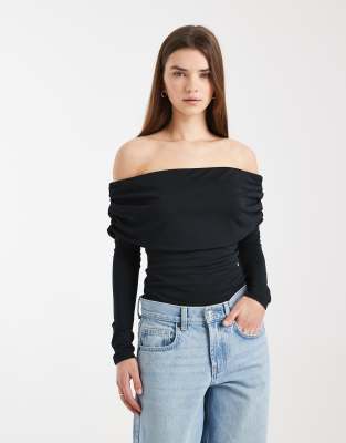 Asos Design Modal Fold Over Off The Shoulder Long Sleeve Top In Black