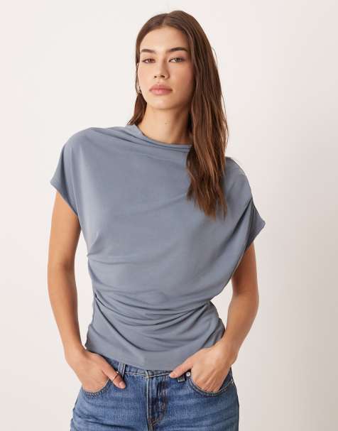 ASOS DESIGN modal grown-on neck drapey tee in citidel blue - view 1