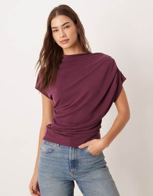 Asos Design Modal Grown On Neck Drapey Tee In Brown