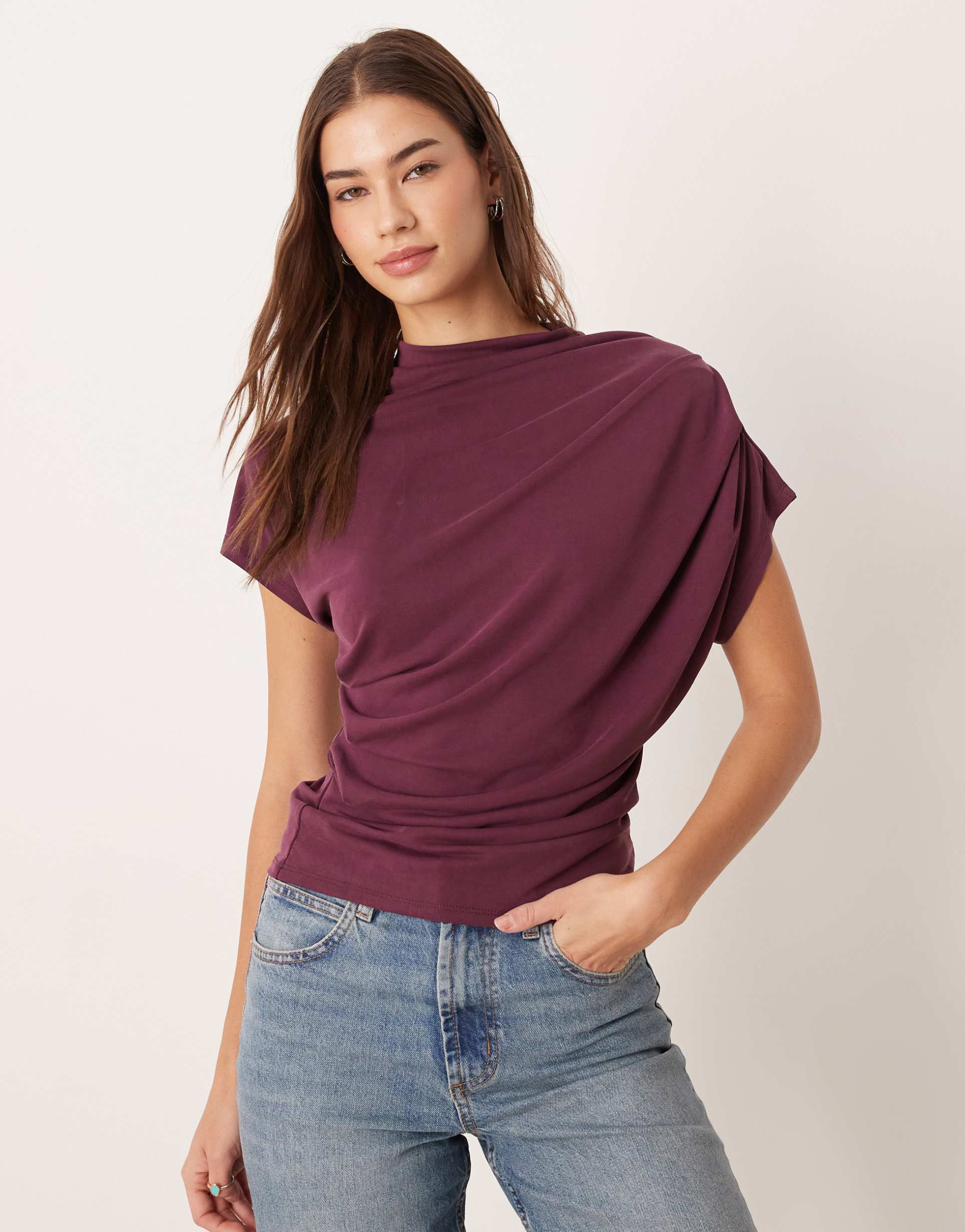 asos design modal grown-on neck drapey tee in fig