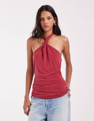 Asos Design Modal Halter Knot Detail Top In Red
