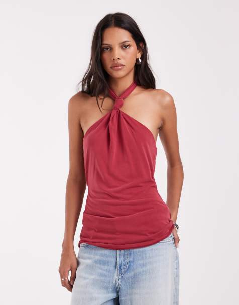 ASOS DESIGN modal halter knot detail top in deep red - view 1