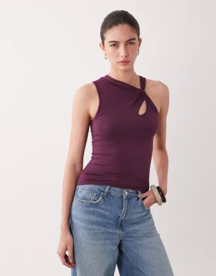 Asos Design Modal Halter Neck Top With Keyhole Detail In Purple