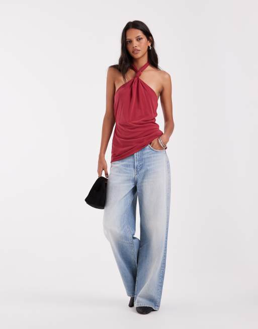 ASOS DESIGN Modal-Halterneck-Top mit Knotendetail in Dunkelrot, 2 von 4