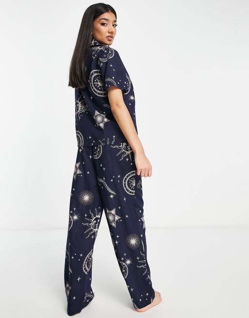 ASOS DESIGN modal horoscope shirt & pants pyjama set in navy, 2 of 4