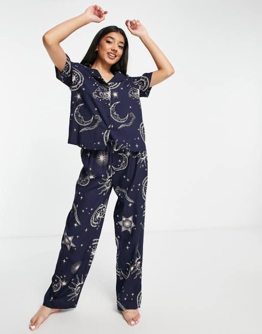 ASOS DESIGN modal horoscope shirt & pants pyjama set in navy, 3 of 4