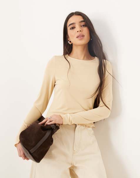 ASOS DESIGN modal lettuce hem long sleeve top in buttermilk - view 1