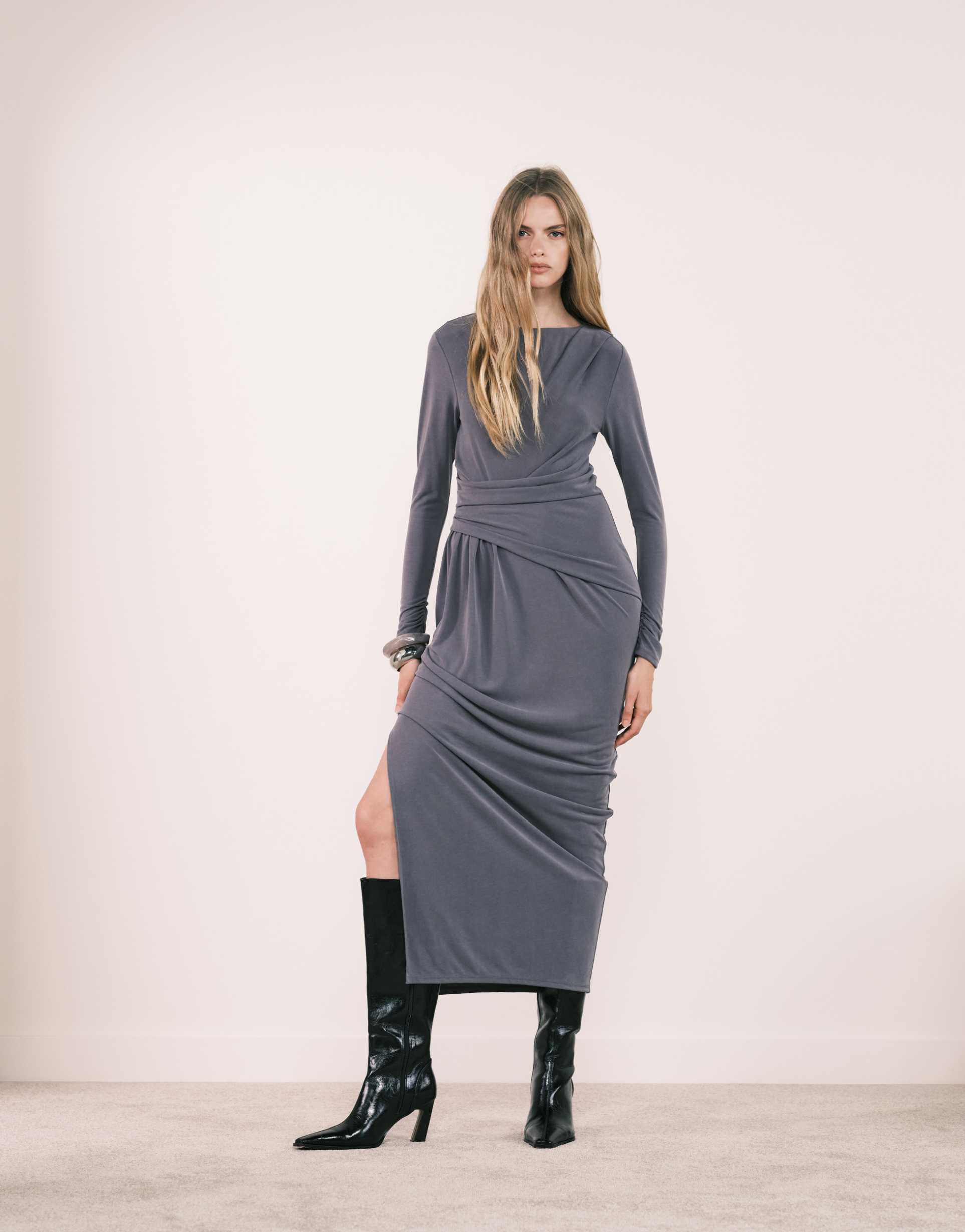 asos design modal long sleeve drape maxi dress in charcoal