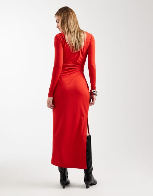 ASOS DESIGN modal long sleeve drape maxi dress in red, 4 of 4