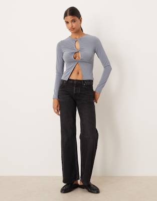 Asos Design Modal Long Sleeve Key Hole Cardigan In Gray