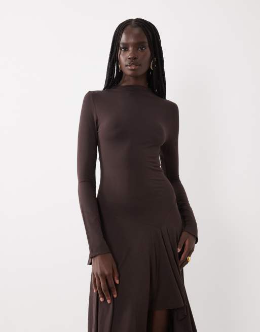 ASOS DESIGN modal long sleeve maxi dress with asymmetric hem in chocolate, 2 of 4