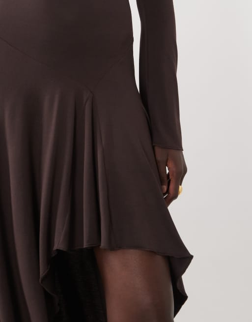 ASOS DESIGN modal long sleeve maxi dress with asymmetric hem in chocolate, 4 of 4