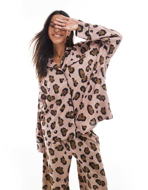 ASOS DESIGN modal long sleeve shirt trouser pyjama set in leopard print