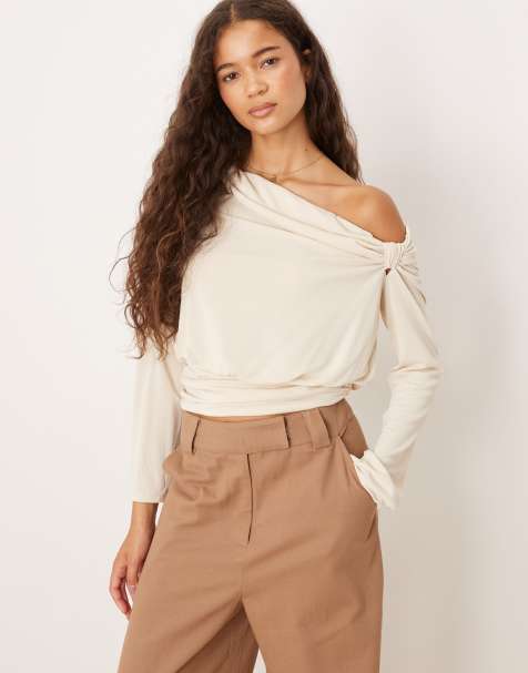 ASOS DESIGN modal long sleeve top with bubble hem & knot detail in cream - view 1