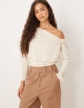 [ASOS DESIGN] ASOS DESIGN modal long sleeve top with bubble hem & knot detail in cream-White XS CREAM