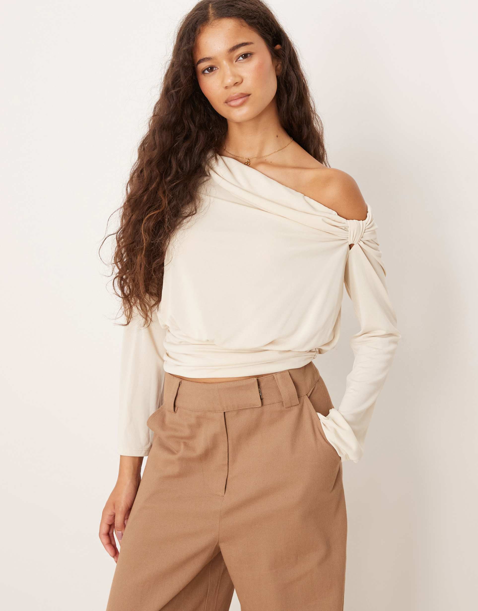 asos design modal long sleeve top with bubble hem & knot detail in cream