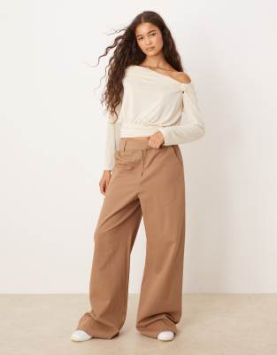 Asos Design Modal Long Sleeve Top With Bubble Hem & Knot Detail In White