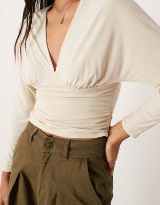 Asos Design Modal Long Sleeve Top With Cinch Panel In Neutral