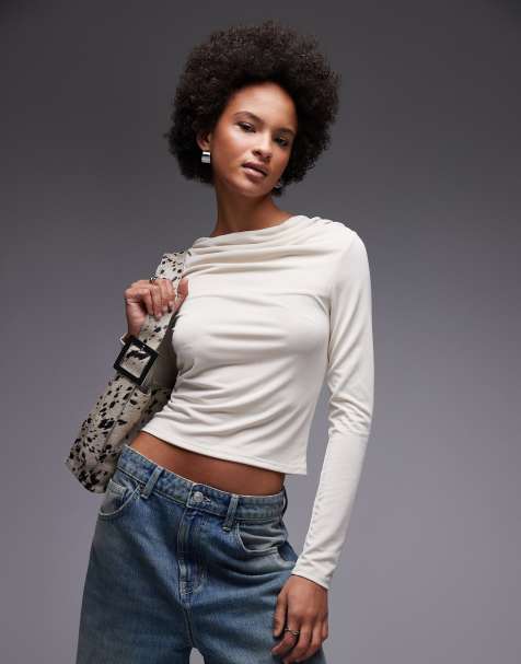 ASOS DESIGN modal long sleeve top with drape front detail in cream - view 1