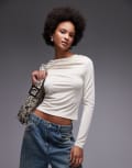 [ASOS DESIGN] ASOS DESIGN modal long sleeve top with drape front detail in cream-White XS CREAM