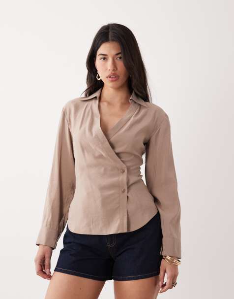 ASOS DESIGN modal look cocoon sleeve shirt in mocha (part of a set) - view 1
