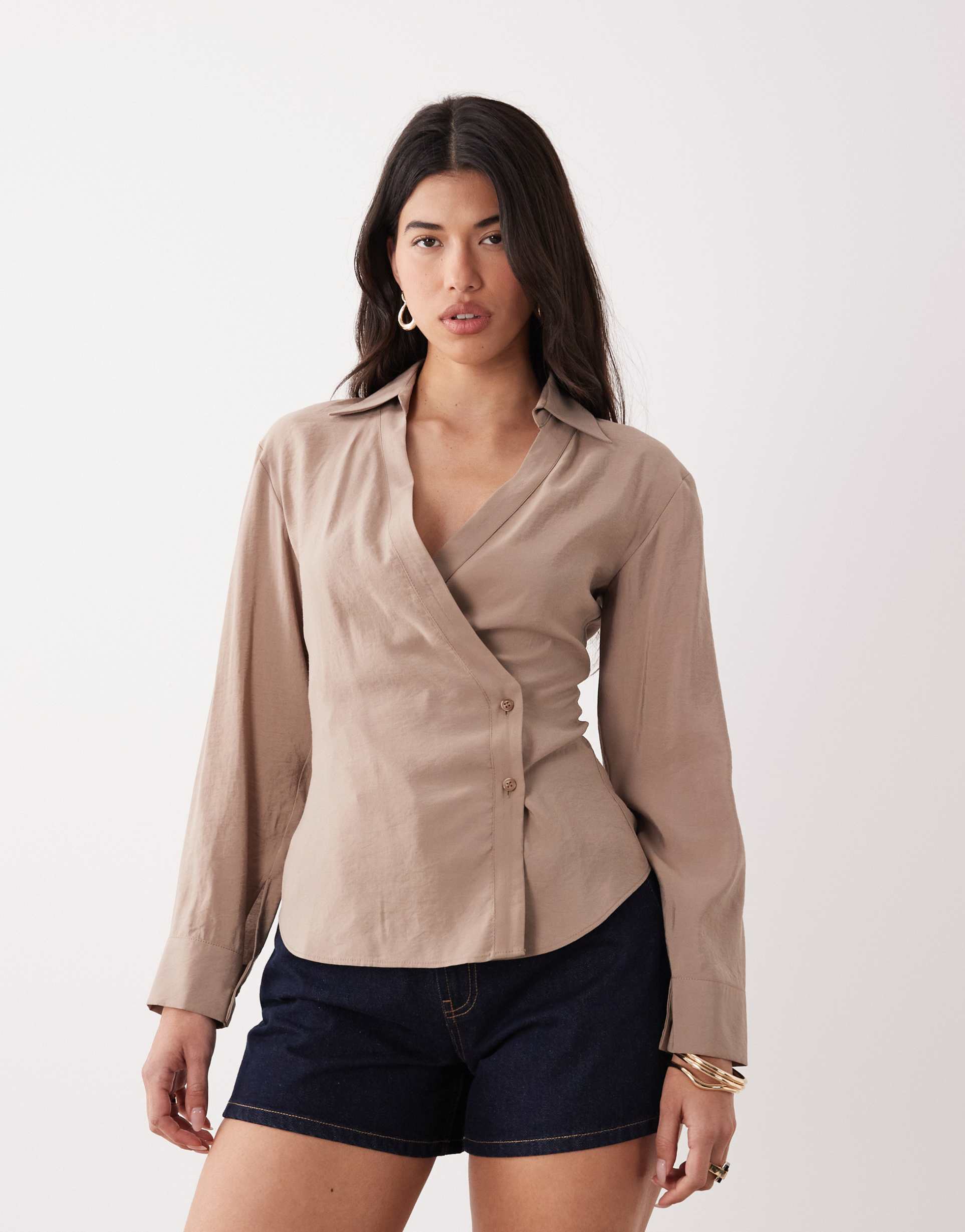 asos design modal look cocoon sleeve shirt in mocha - part of a set