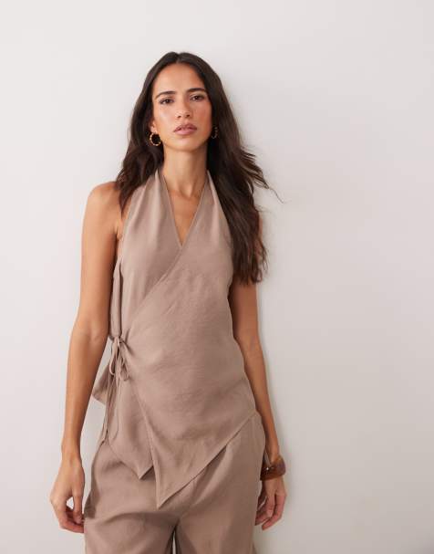 ASOS DESIGN modal look tie side wrap halter top in chocolate brown - part of a set - view 1