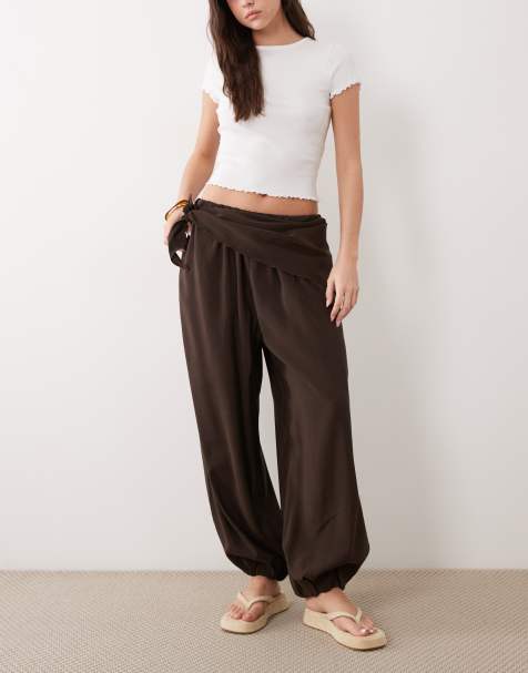 ASOS DESIGN modal look tie waist balloon trouser in chocolate